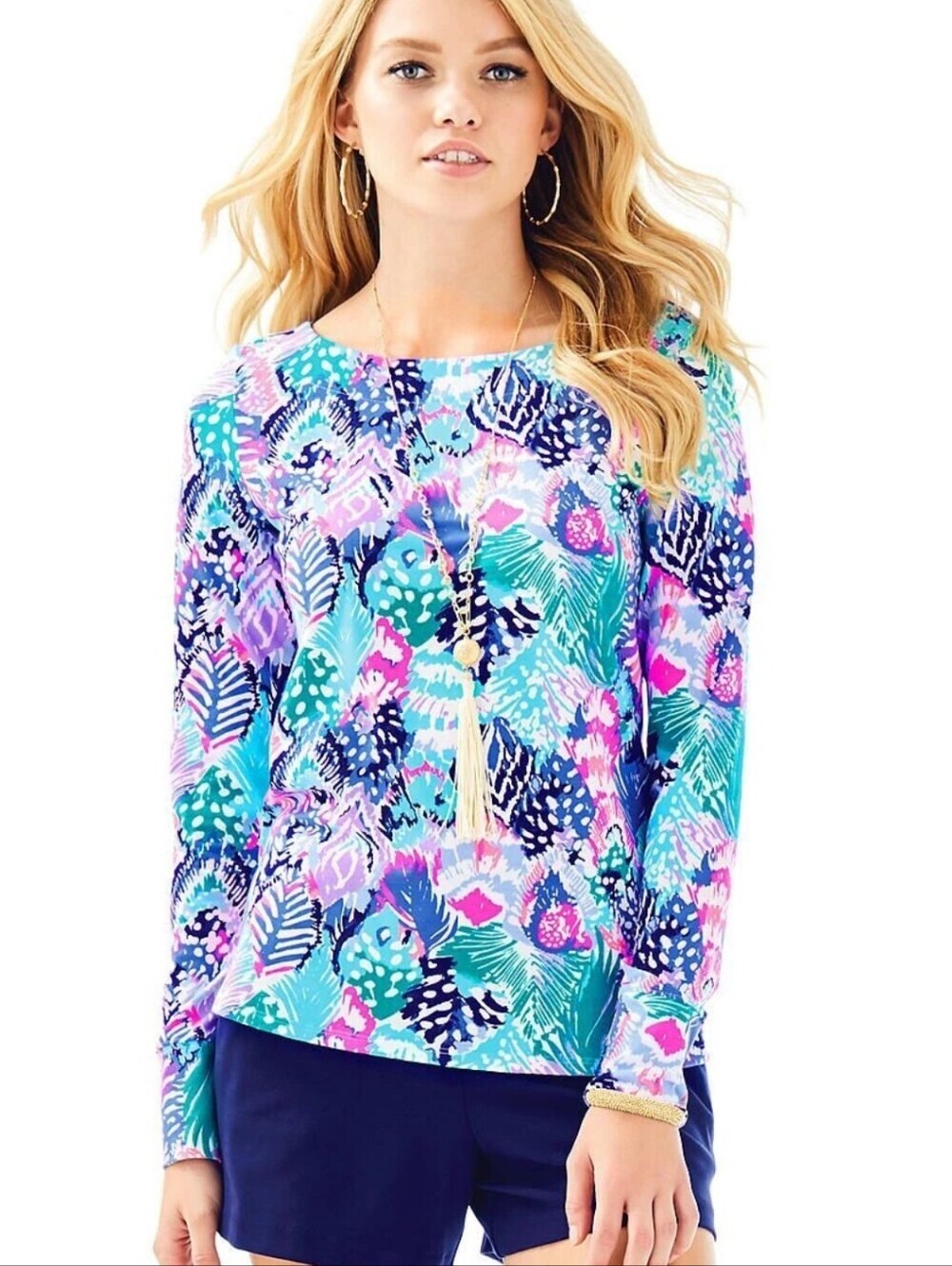 Lilly Pulitzer Jersey TRISTAN TOP Multi Quill Out Reduced Purple Keyhole Med